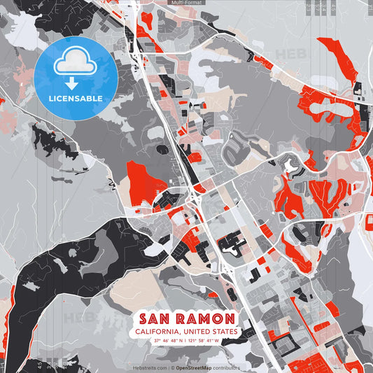 San Ramon, California, United States - modern street map poster template with gray and red tones