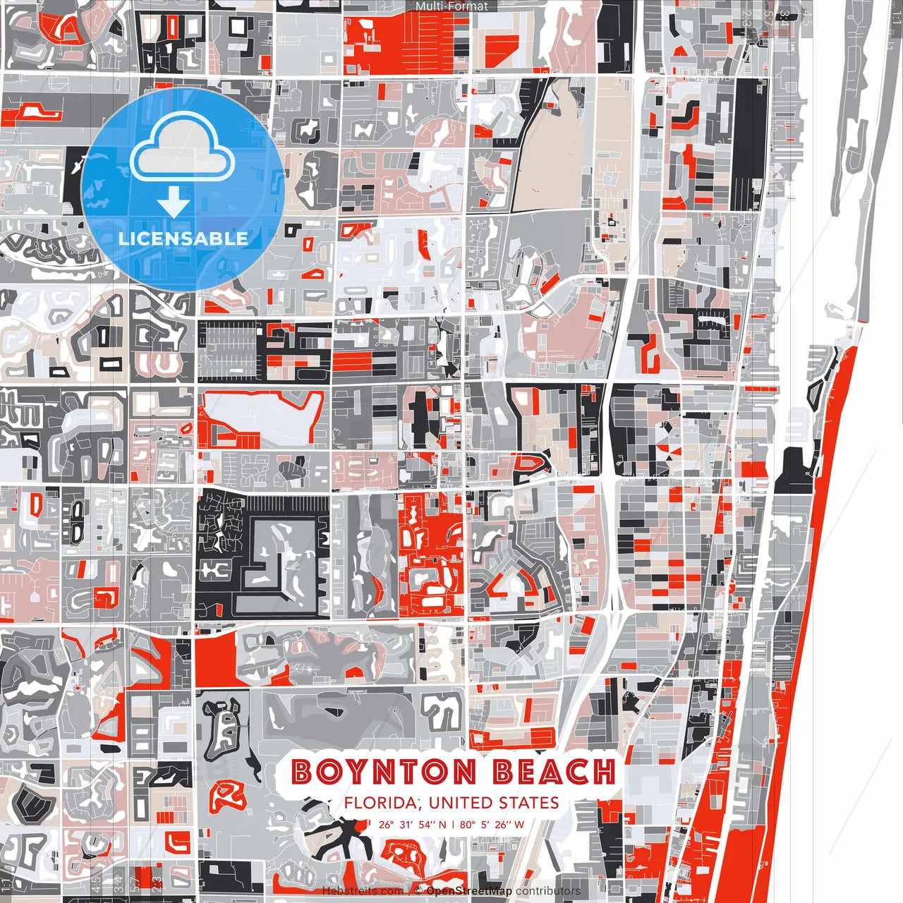 Boynton Beach, Florida, United States - modern street map poster template with gray and red tones