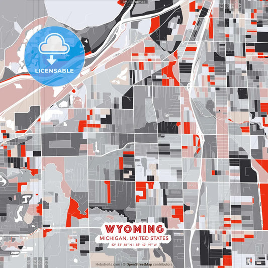 Wyoming, Michigan, United States - modern street map poster template with gray and red tones