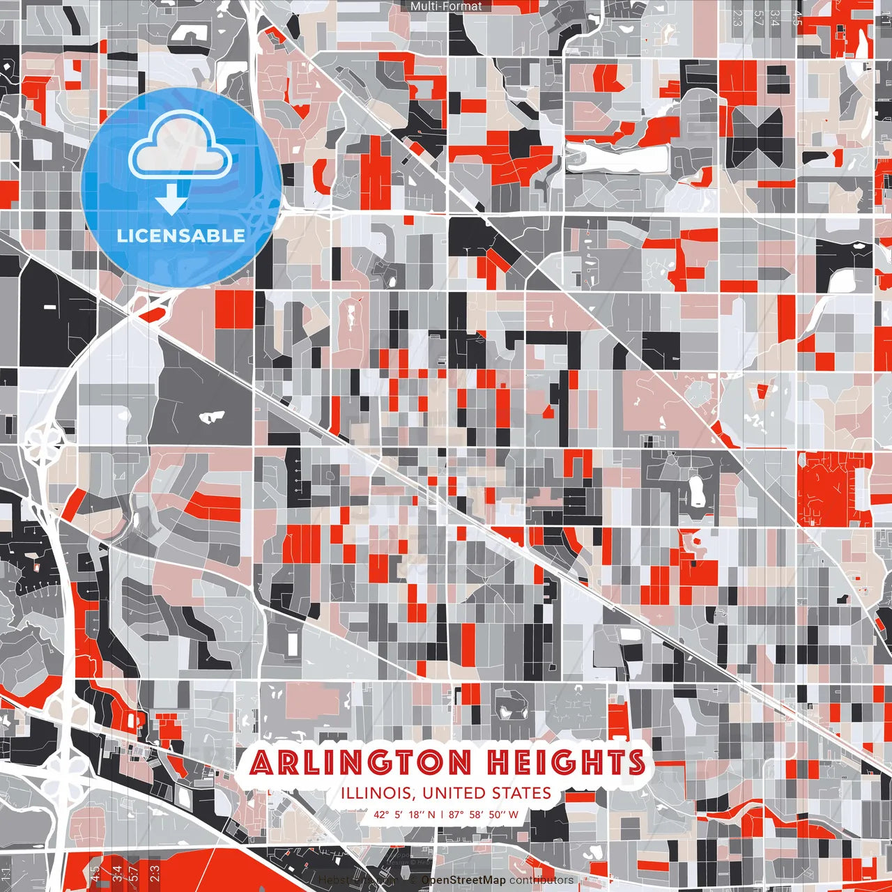 Arlington Heights, Illinois, United States - modern street map poster template with gray and red tones