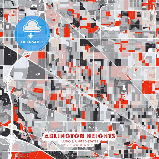 Arlington Heights, Illinois, United States - modern street map poster template with gray and red tones