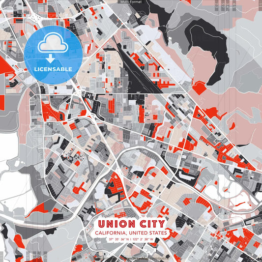 Union City, California, United States - modern street map poster template with gray and red tones