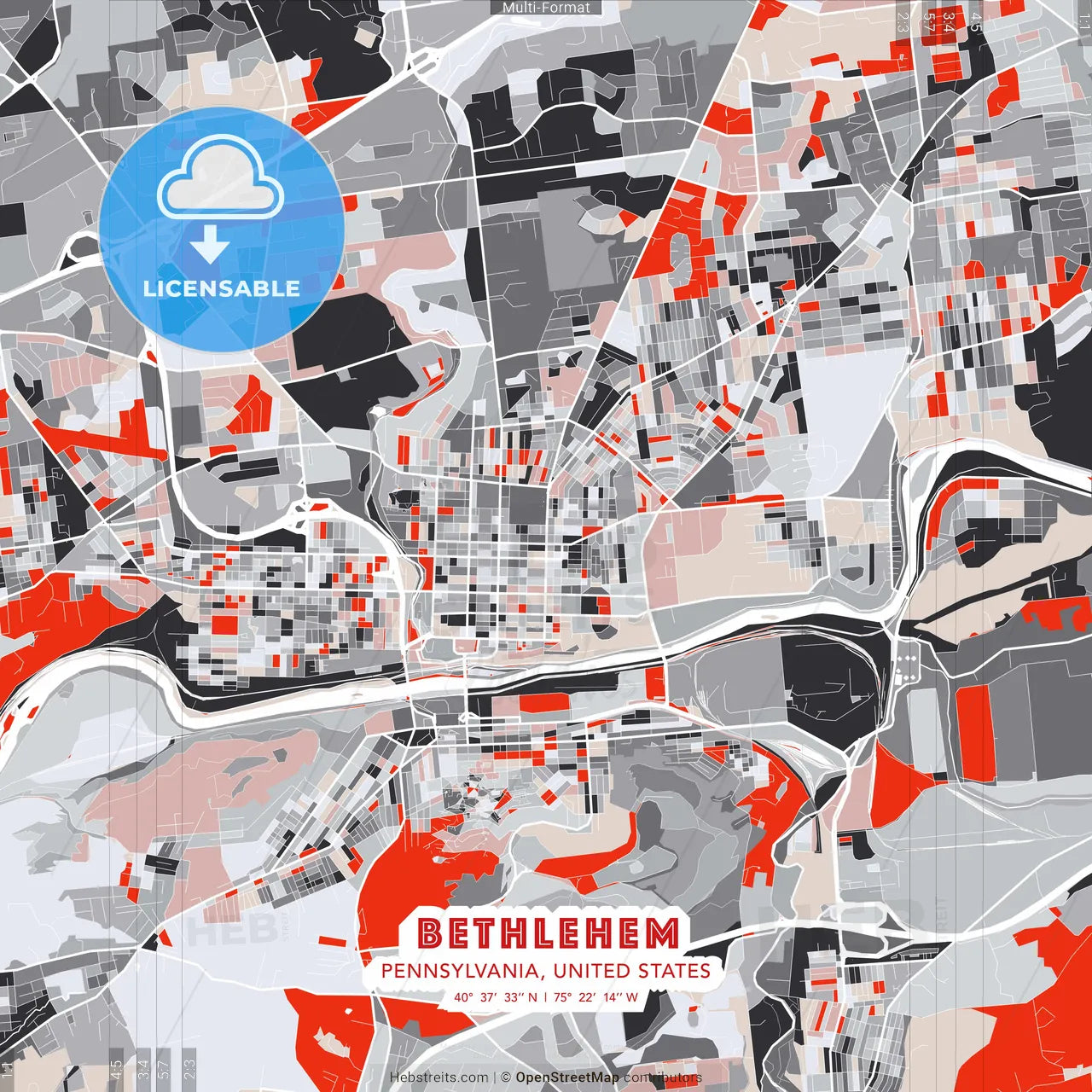 Bethlehem, Pennsylvania, United States - modern street map poster template with gray and red tones