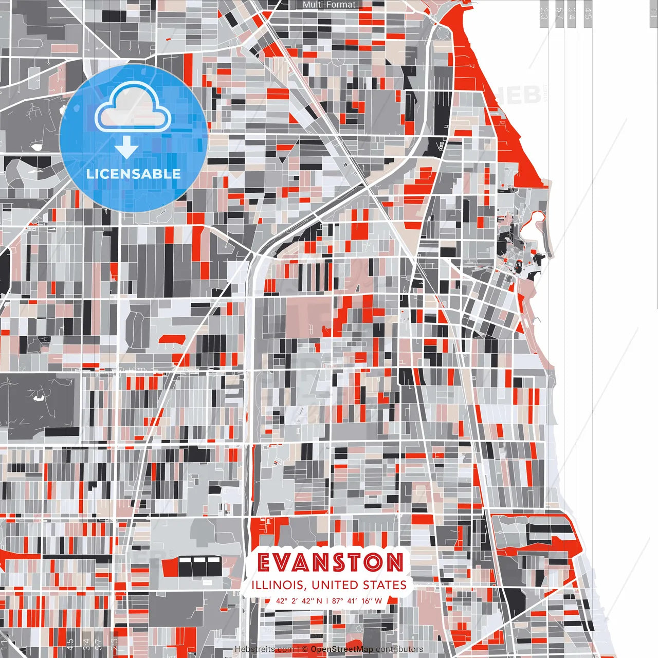 Evanston, Illinois, United States - modern street map poster template with gray and red tones