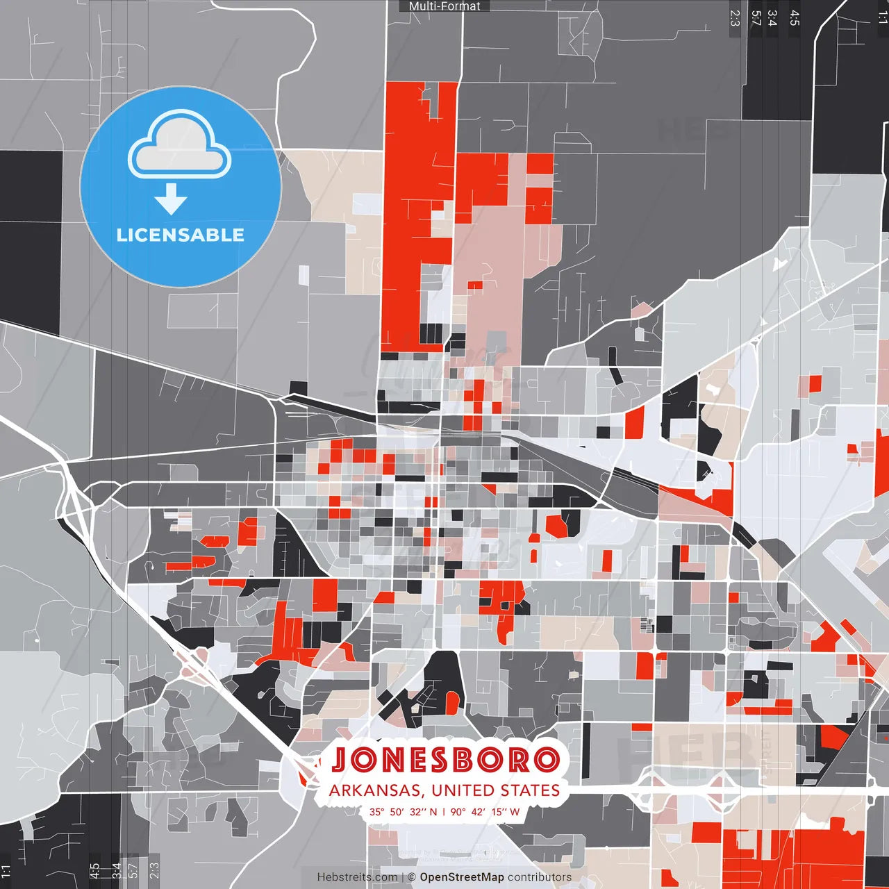 Jonesboro, Arkansas, United States - modern street map poster template with gray and red tones