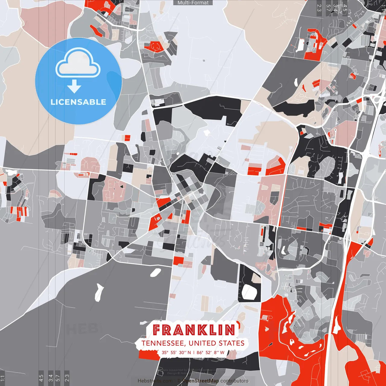 Franklin, Tennessee, United States - modern street map poster template with gray and red tones