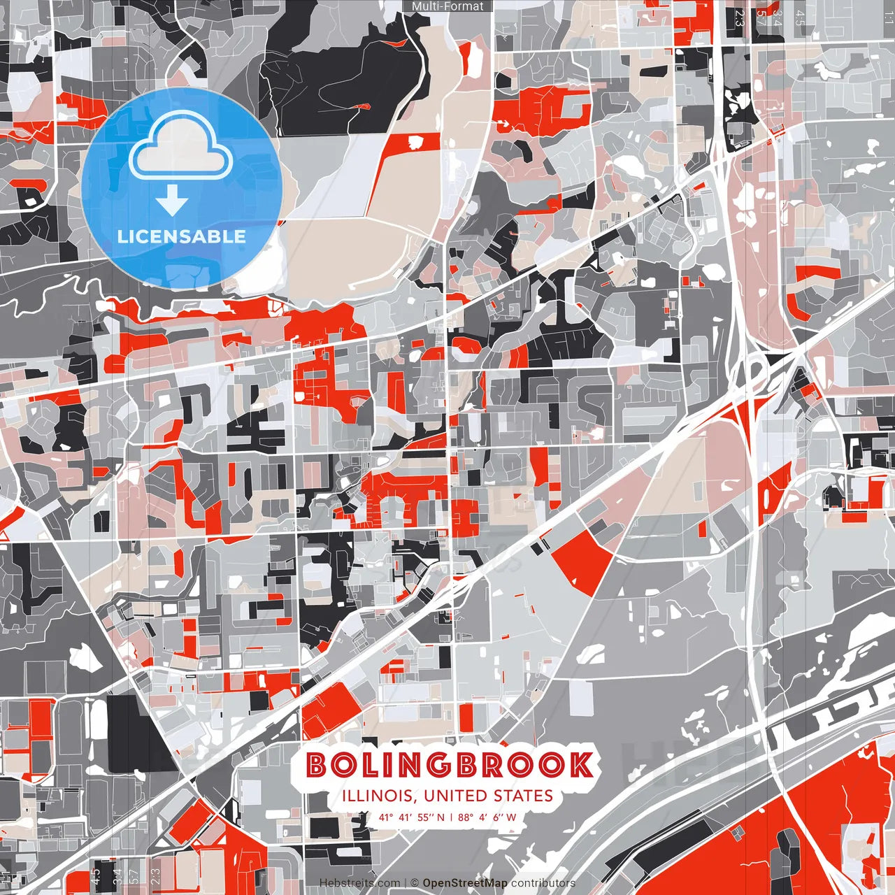 Bolingbrook, Illinois, United States - modern street map poster template with gray and red tones