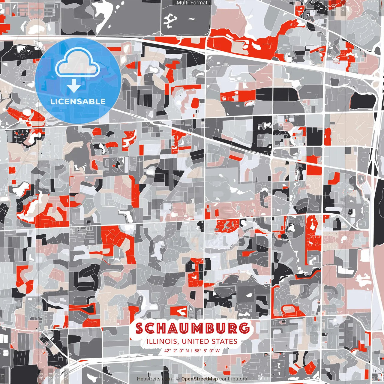 Schaumburg, Illinois, United States - modern street map poster template with gray and red tones