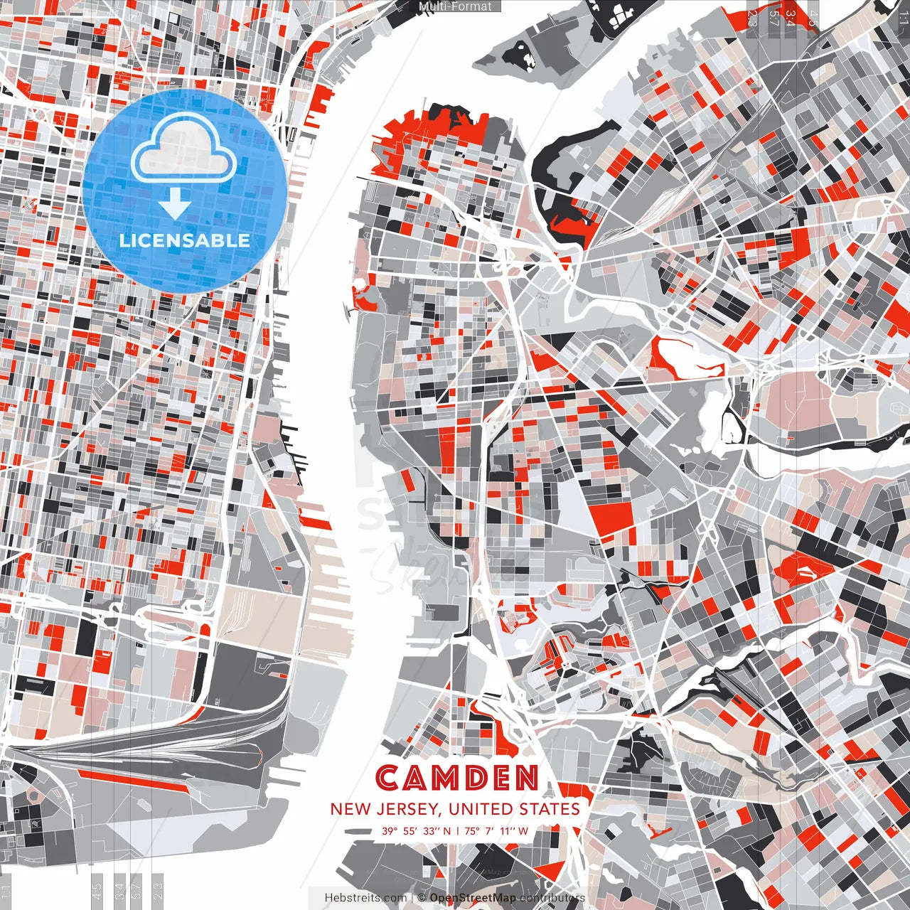 Camden, New Jersey, United States - modern street map poster template with gray and red tones