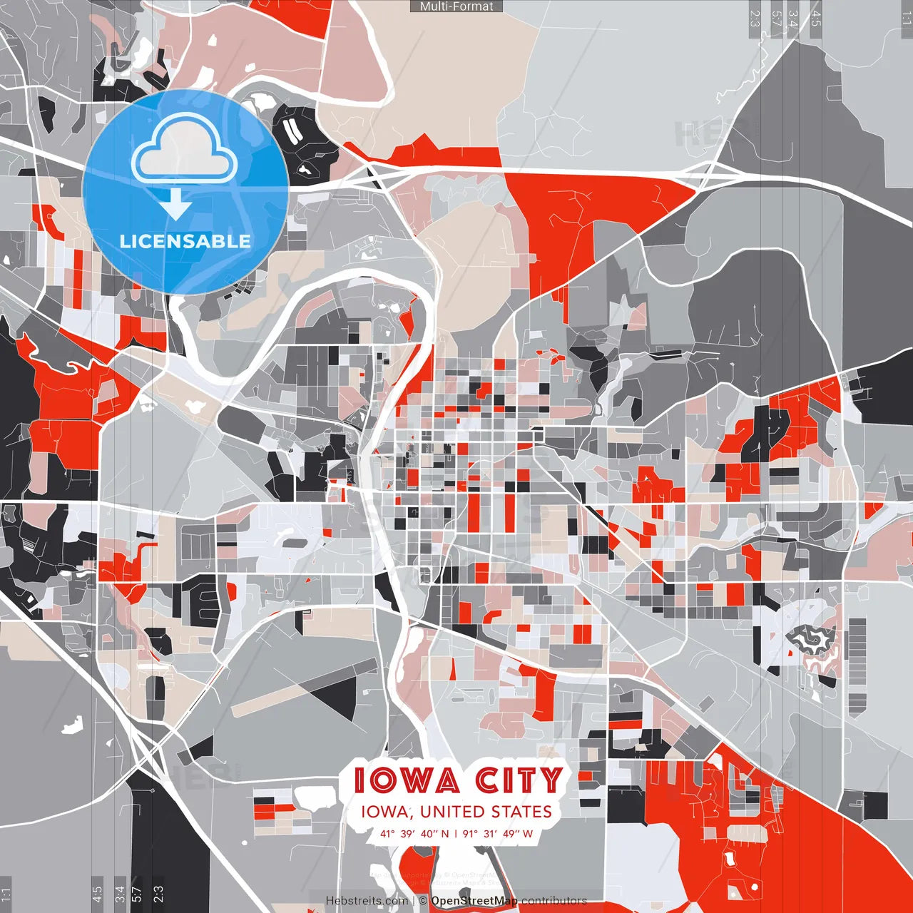 Iowa City, Iowa, United States - modern street map poster template with gray and red tones