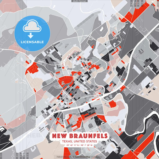 New Braunfels, Texas, United States - modern street map poster template with gray and red tones