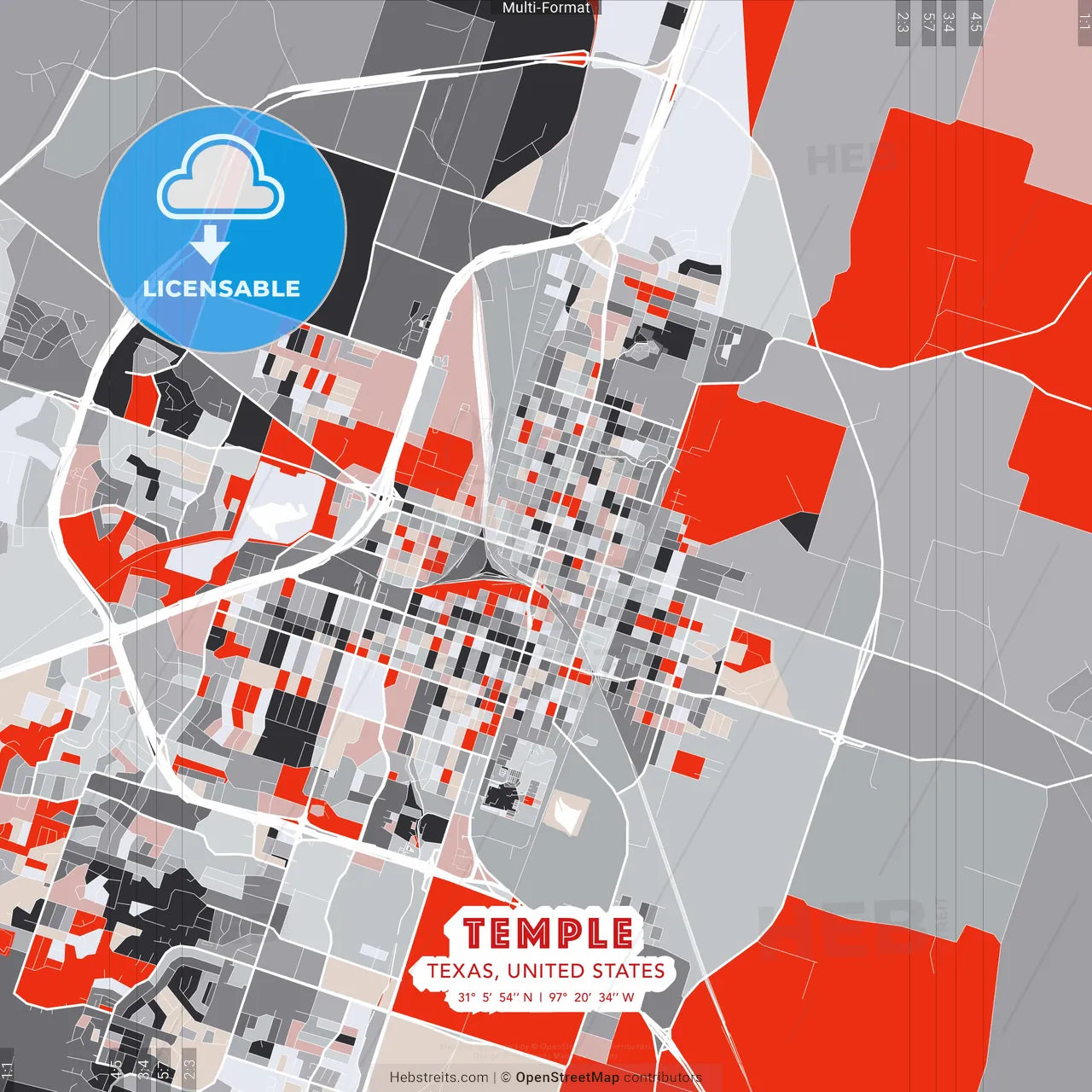 Temple, Texas, United States - modern street map poster template with gray and red tones