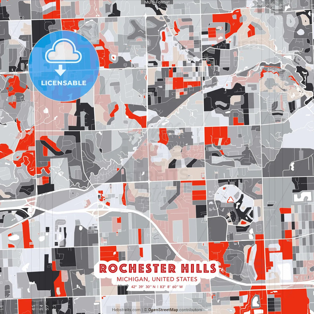 Rochester Hills, Michigan, United States - modern street map poster template with gray and red tones