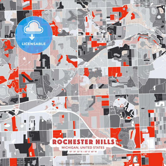 Rochester Hills, Michigan, United States - modern street map poster template with gray and red tones
