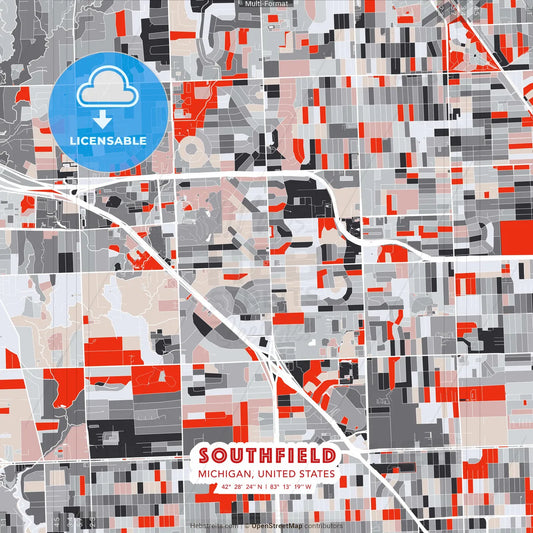 Southfield, Michigan, United States - modern street map poster template with gray and red tones