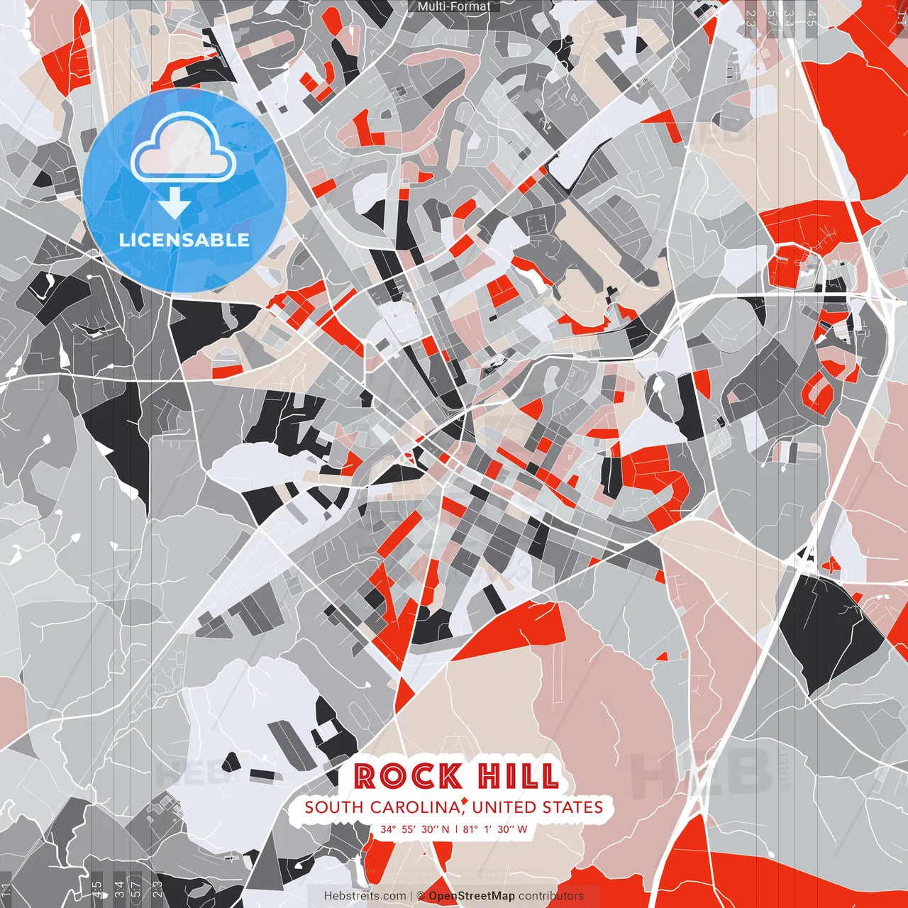 Rock Hill, South Carolina, United States - modern street map poster template with gray and red tones