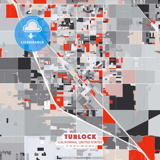 Turlock, California, United States - modern street map poster template with gray and red tones