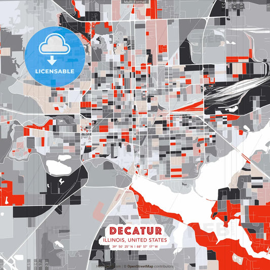 Decatur, Illinois, United States - modern street map poster template with gray and red tones