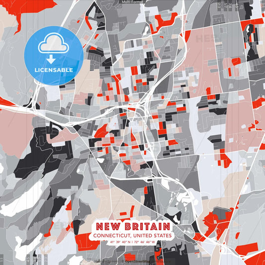 New Britain, Connecticut, United States - modern street map poster template with gray and red tones