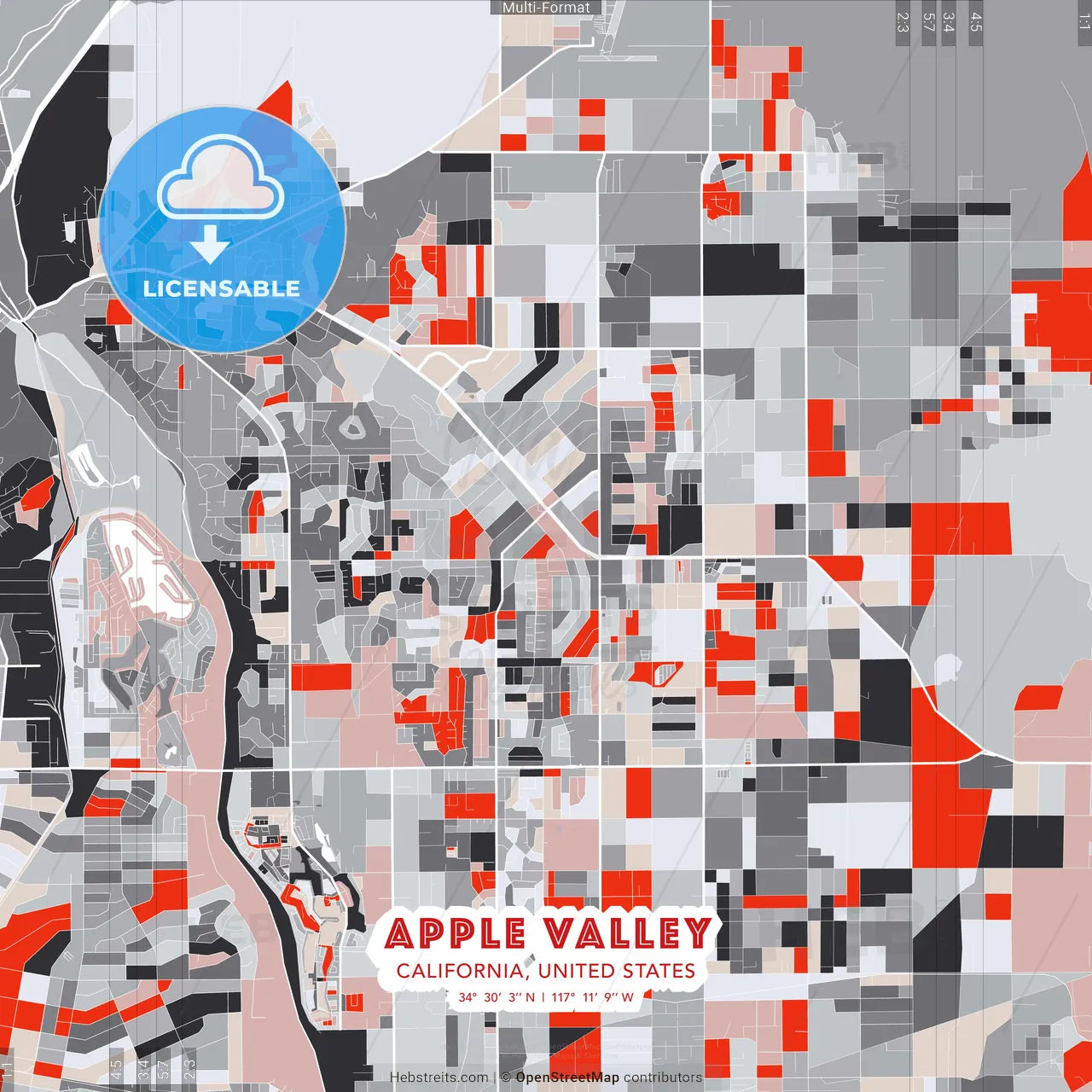 Apple Valley, California, United States - modern street map poster template with gray and red tones