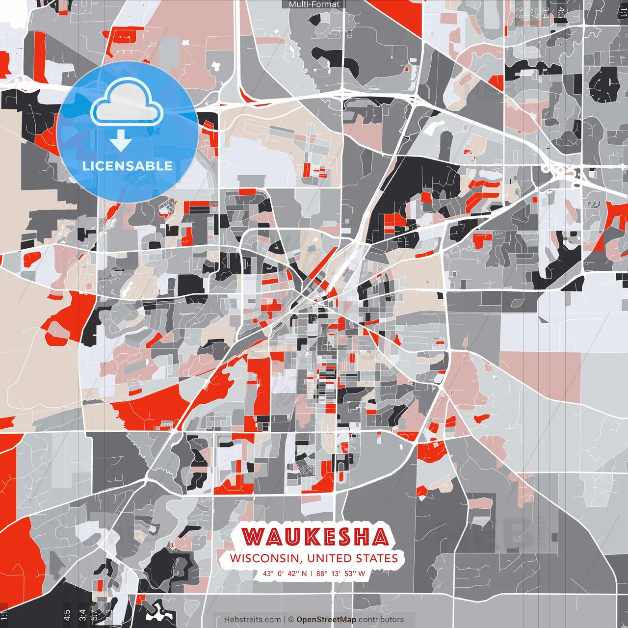 Waukesha, Wisconsin, United States - modern street map poster template with gray and red tones