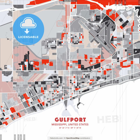Gulfport, Mississippi, United States - modern street map poster template with gray and red tones