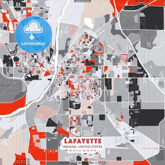 Lafayette, Indiana, United States - modern street map poster template with gray and red tones