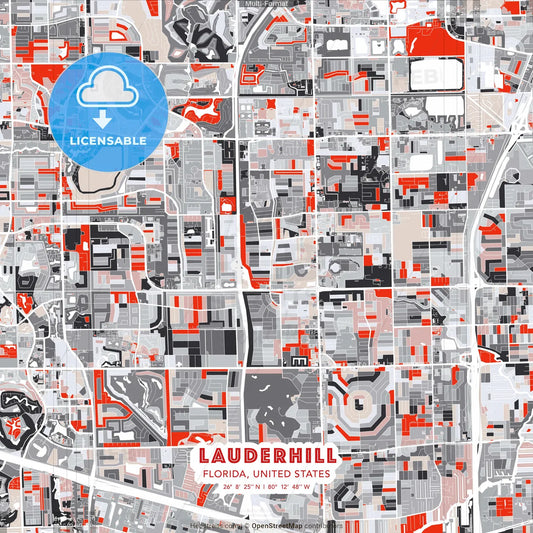 Lauderhill, Florida, United States - modern street map poster template with gray and red tones