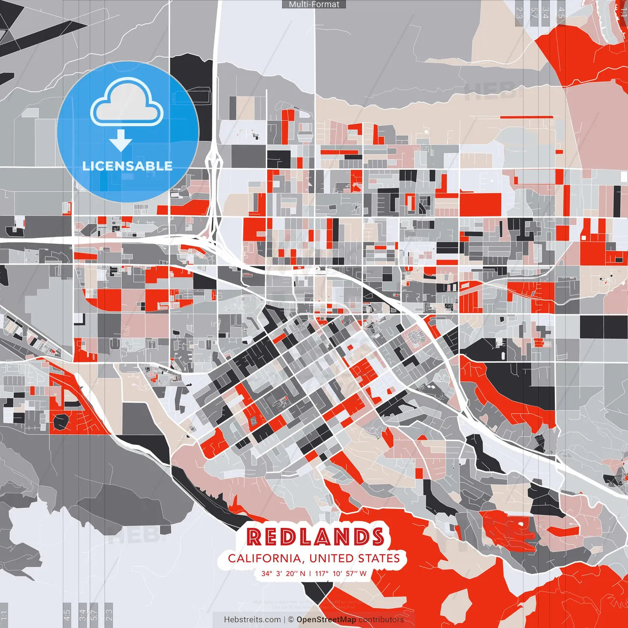 Redlands, California, United States - modern street map poster template with gray and red tones