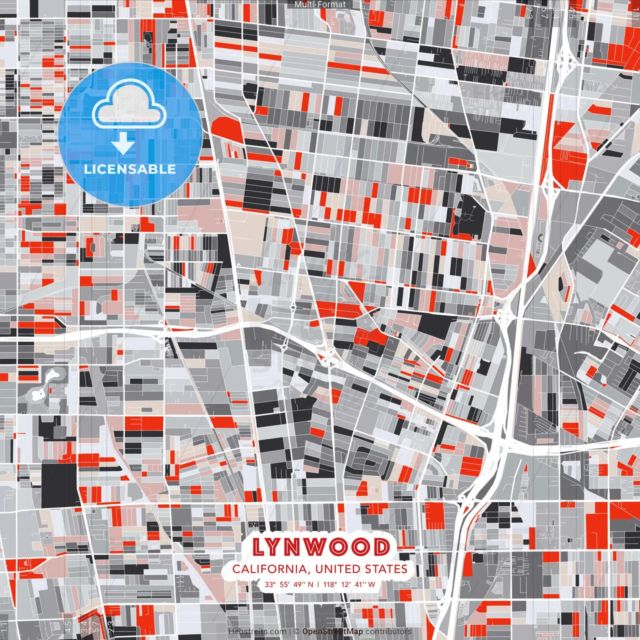 Lynwood, California, United States - modern street map poster template with gray and red tones