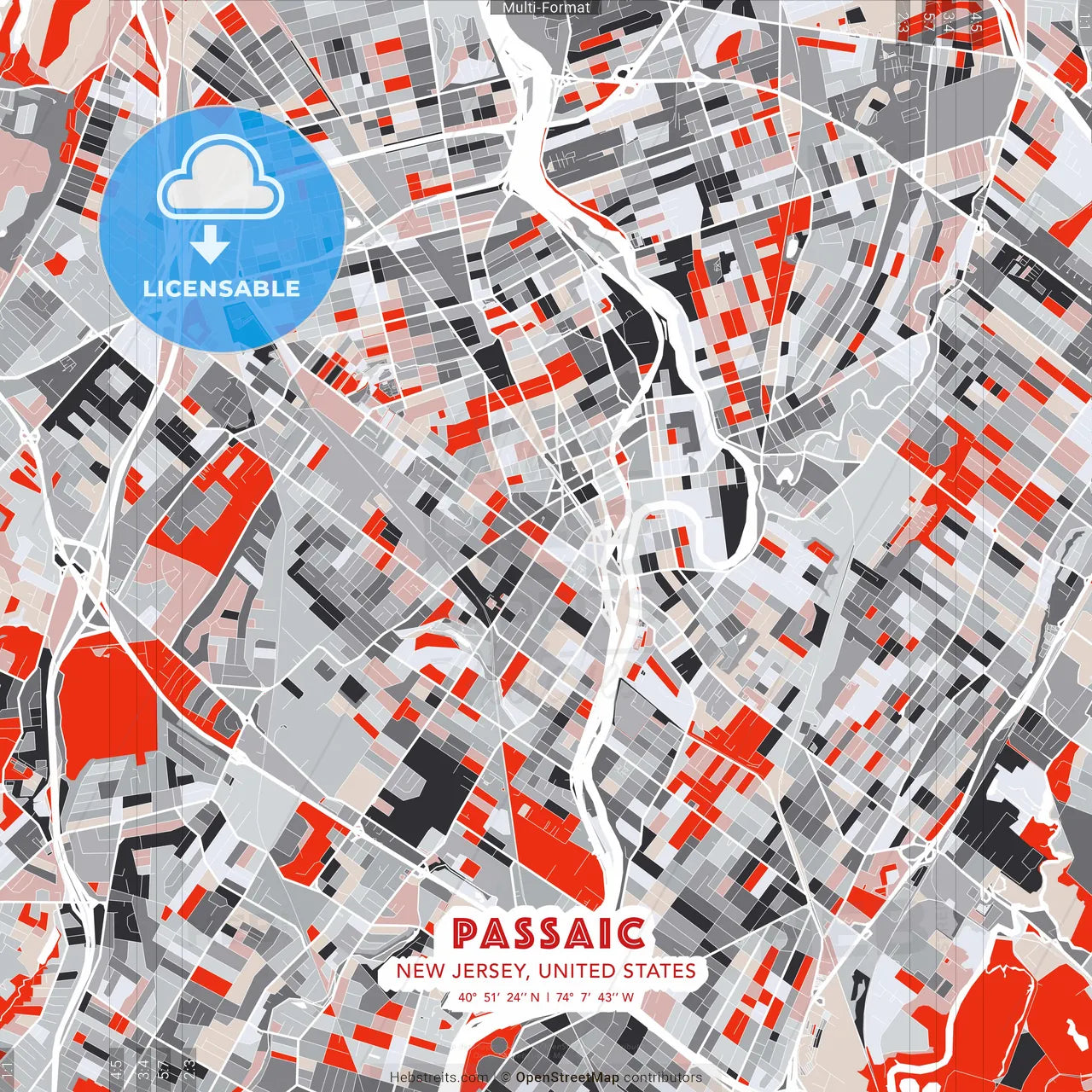 Passaic, New Jersey, United States - modern street map poster template with gray and red tones