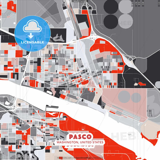 Pasco, Washington, United States - modern street map poster template with gray and red tones