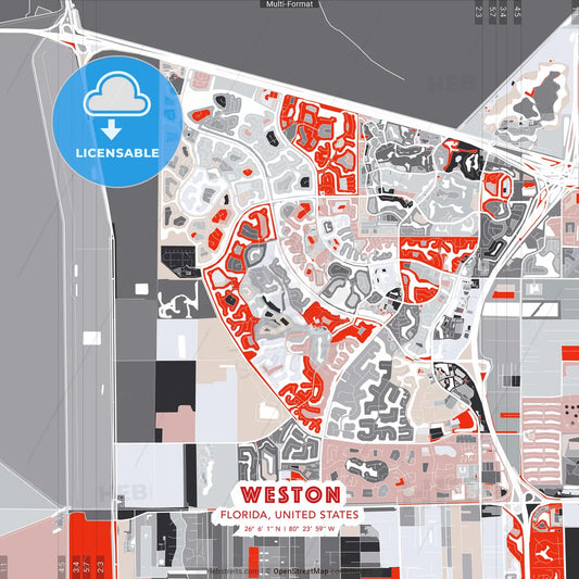 Weston, Florida, United States - modern street map poster template with gray and red tones