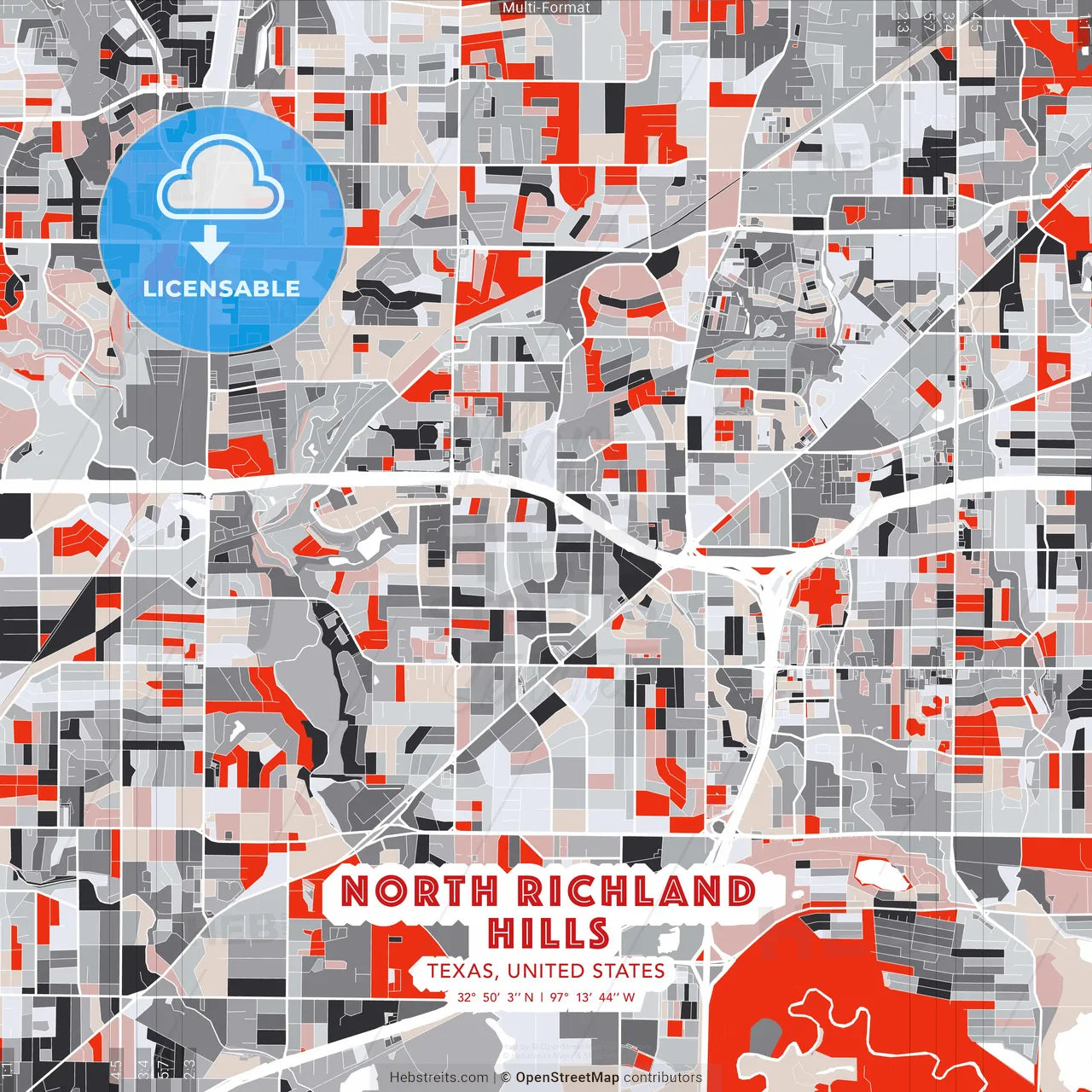 North Richland Hills, Texas, United States - modern street map poster template with gray and red tones