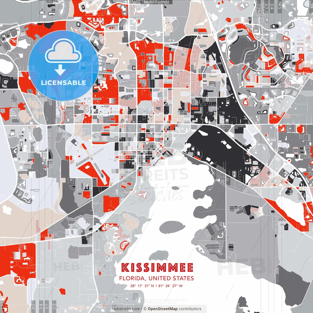 Kissimmee, Florida, United States - modern street map poster template with gray and red tones