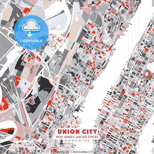 Union City, New Jersey, United States - modern street map poster template with gray and red tones