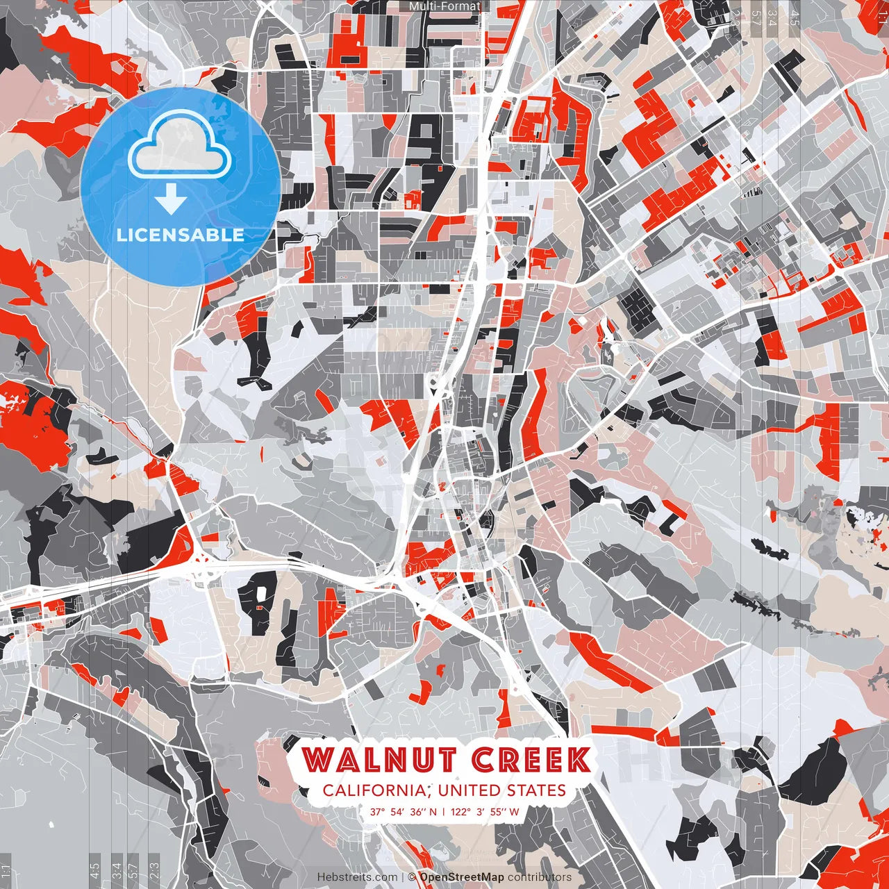 Walnut Creek, California, United States - modern street map poster template with gray and red tones