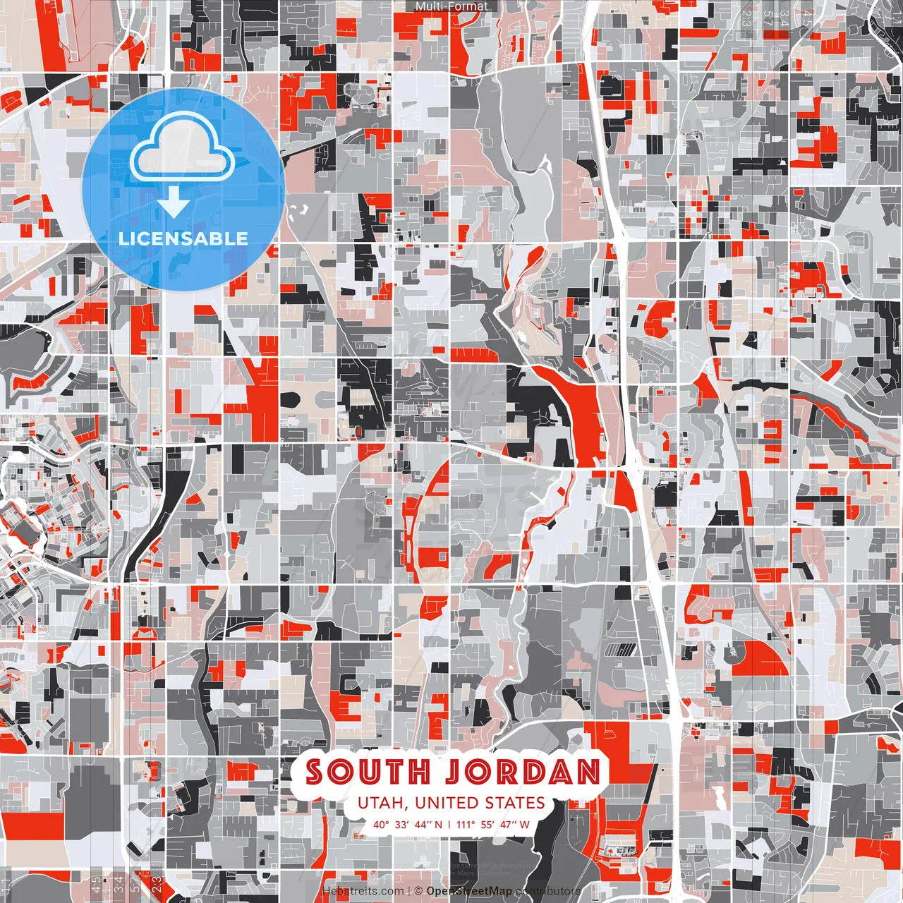 South Jordan, Utah, United States - modern street map poster template with gray and red tones