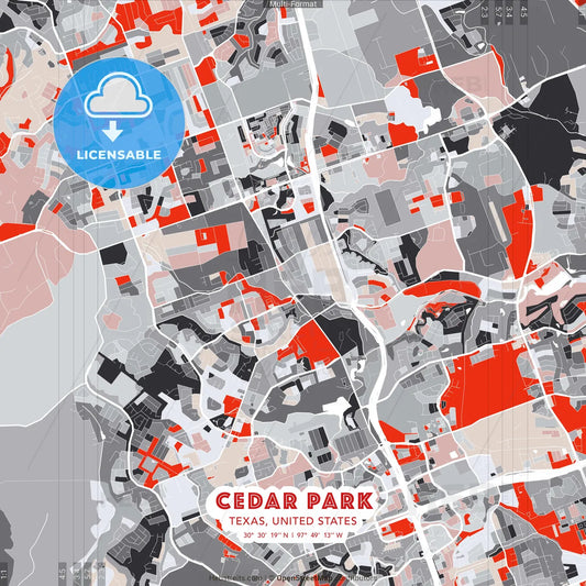 Cedar Park, Texas, United States - modern street map poster template with gray and red tones
