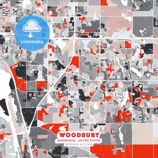 Woodbury, Minnesota, United States - modern street map poster template with gray and red tones