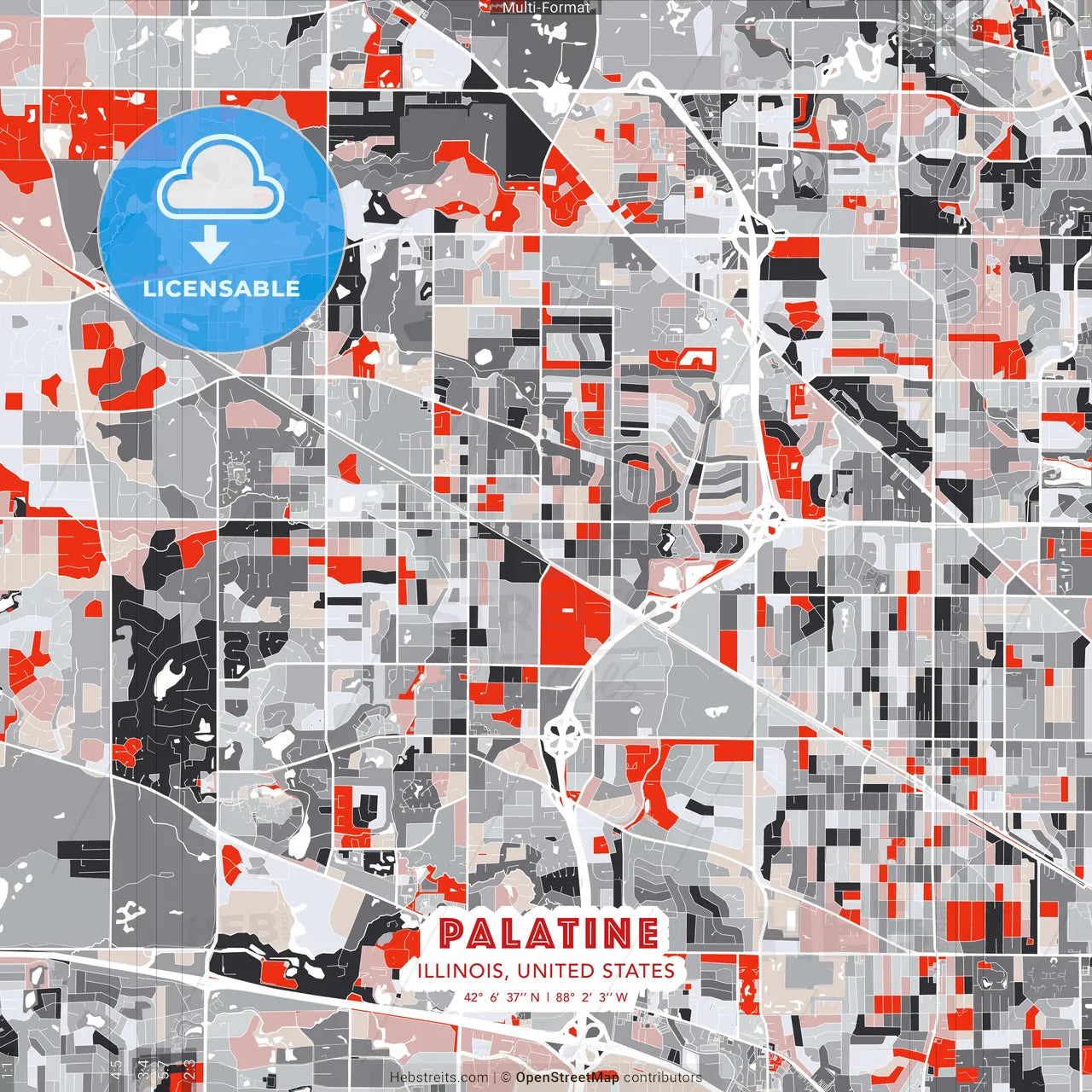 Palatine, Illinois, United States - modern street map poster template with gray and red tones