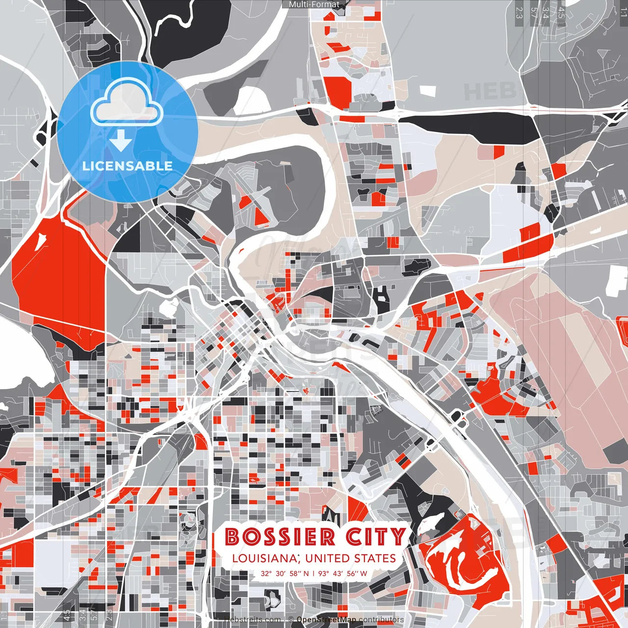 Bossier City, Louisiana, United States - modern street map poster template with gray and red tones