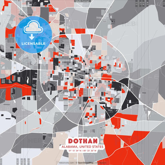 Dothan, Alabama, United States - modern street map poster template with gray and red tones