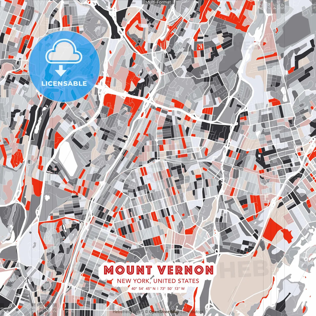 Mount Vernon, New York, United States - modern street map poster template with gray and red tones