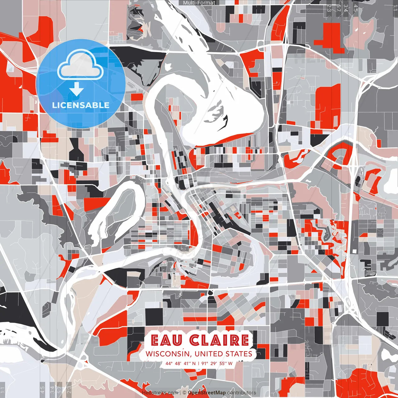 Eau Claire, Wisconsin, United States - modern street map poster template with gray and red tones