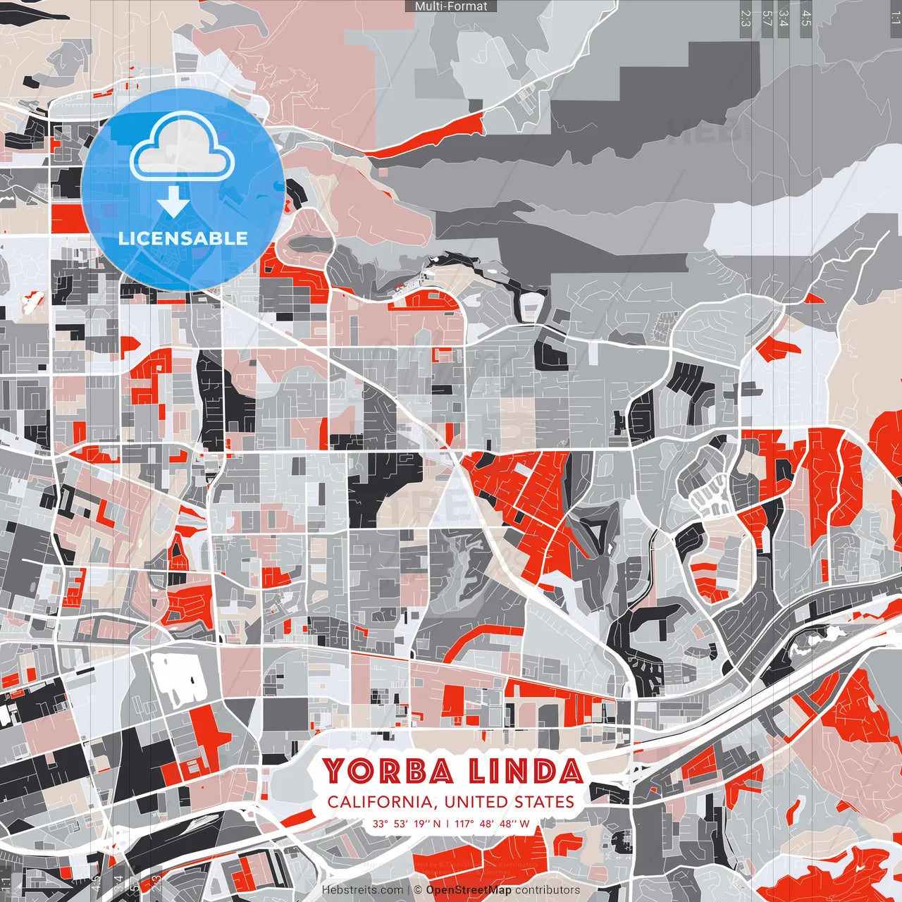 Yorba Linda, California, United States - modern street map poster template with gray and red tones