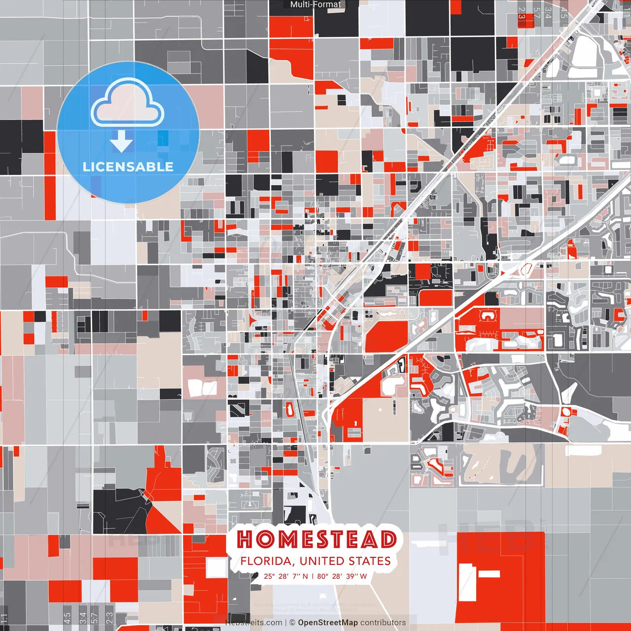 Homestead, Florida, United States - modern street map poster template with gray and red tones