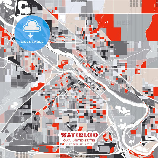 Waterloo, Iowa, United States - modern street map poster template with gray and red tones
