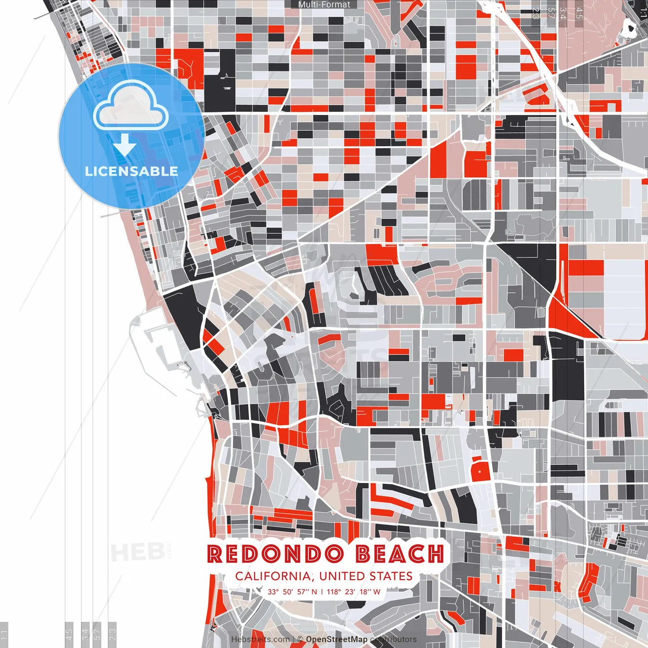 Redondo Beach, California, United States - modern street map poster template with gray and red tones