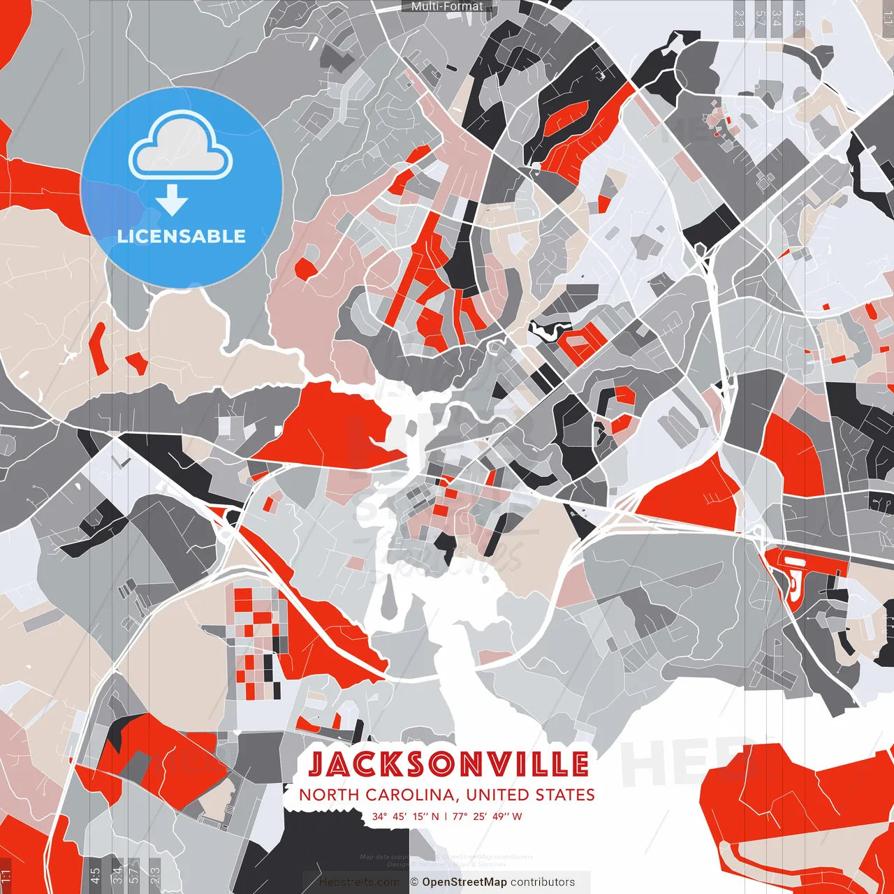 Jacksonville, North Carolina, United States - modern street map poster template with gray and red tones